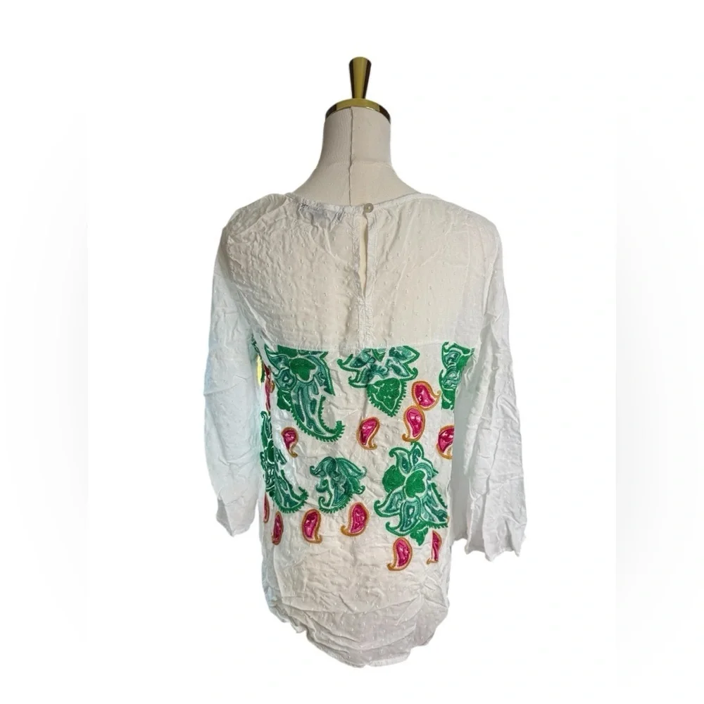 Boho White Embroidered Blouse with Green & Pink Paisley Motifs Lace Top Size M